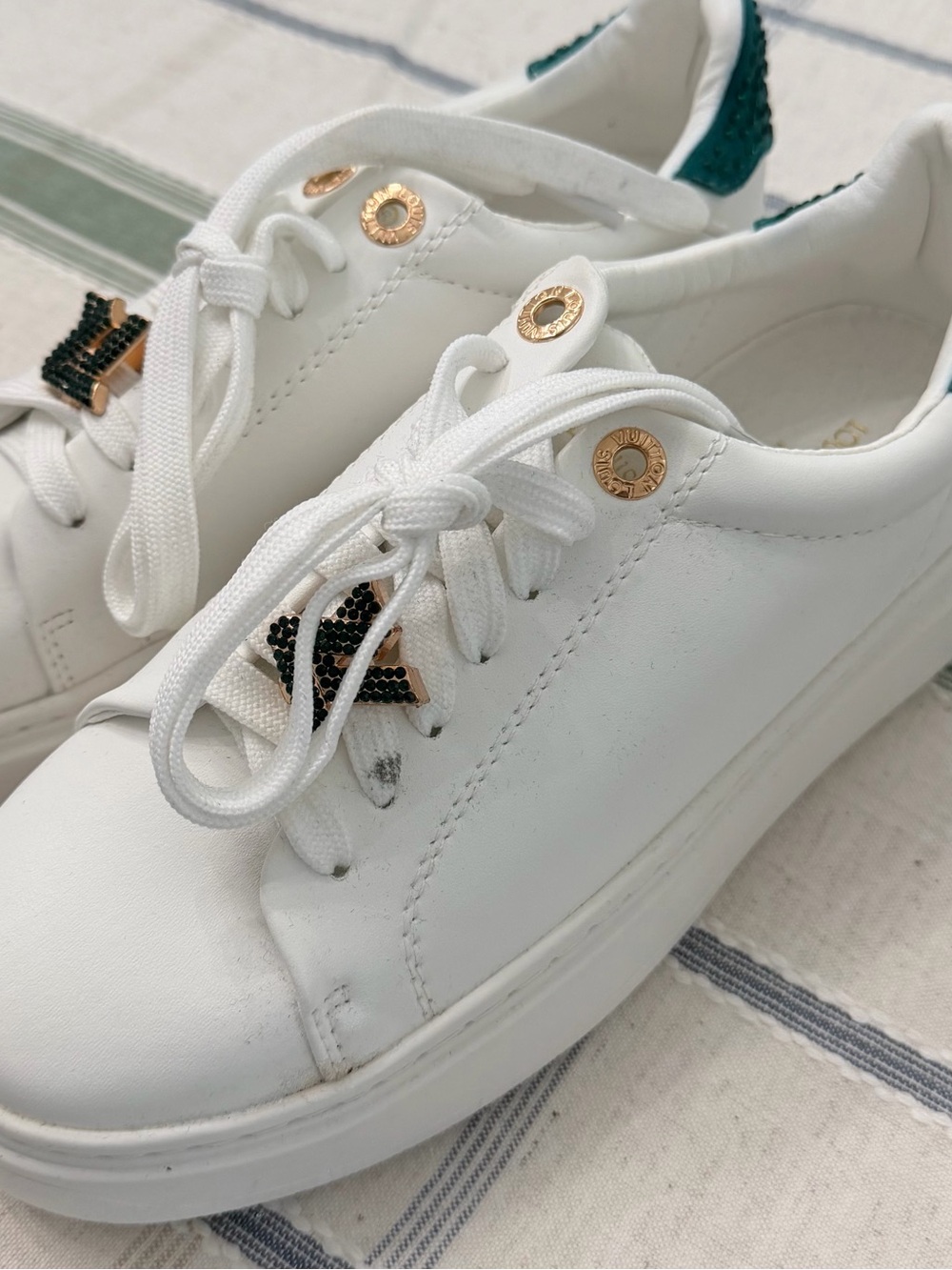 White Leather Lace-Up Sneakers with Gold Stud and Green Heel Detail
